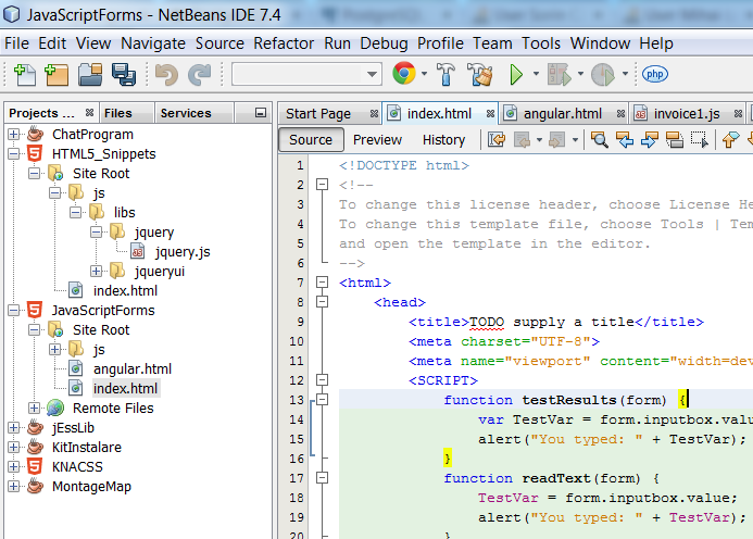 NetBeans IDE 7.4 working with an HTML file