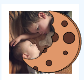 A bitten crescent-shaped chocolate chip cookie is posed to bite the heads of two small children, similar to Pac Man eating one of the ghosts.