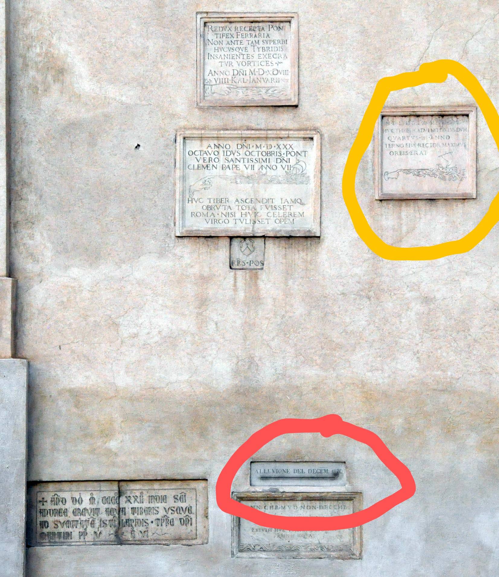 Flood markers at Santa Maria sopra Minerva, markers for 1557 and 1870 are marked