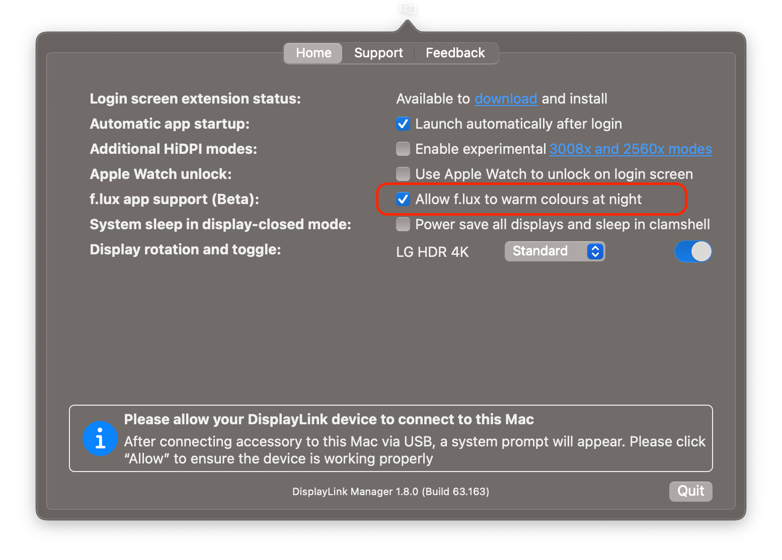 DisplayLink Manager settings