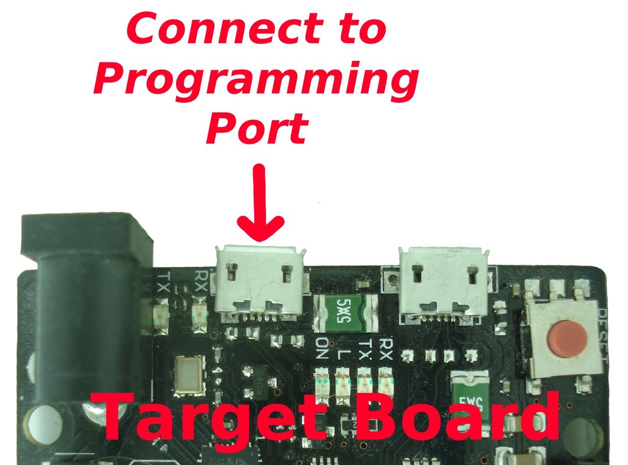 Picture indicating connection to target board's programming port