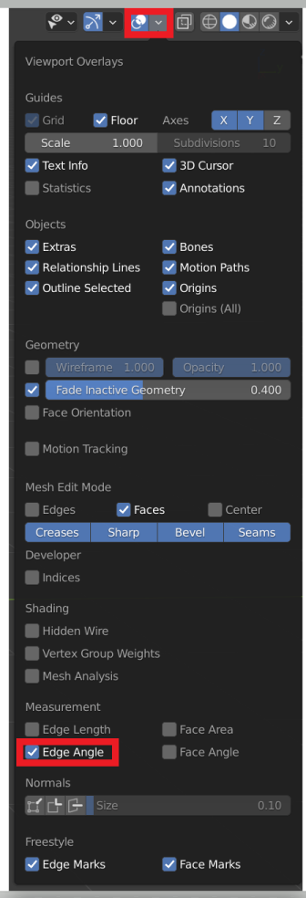 Layout menu showing edge angle selected