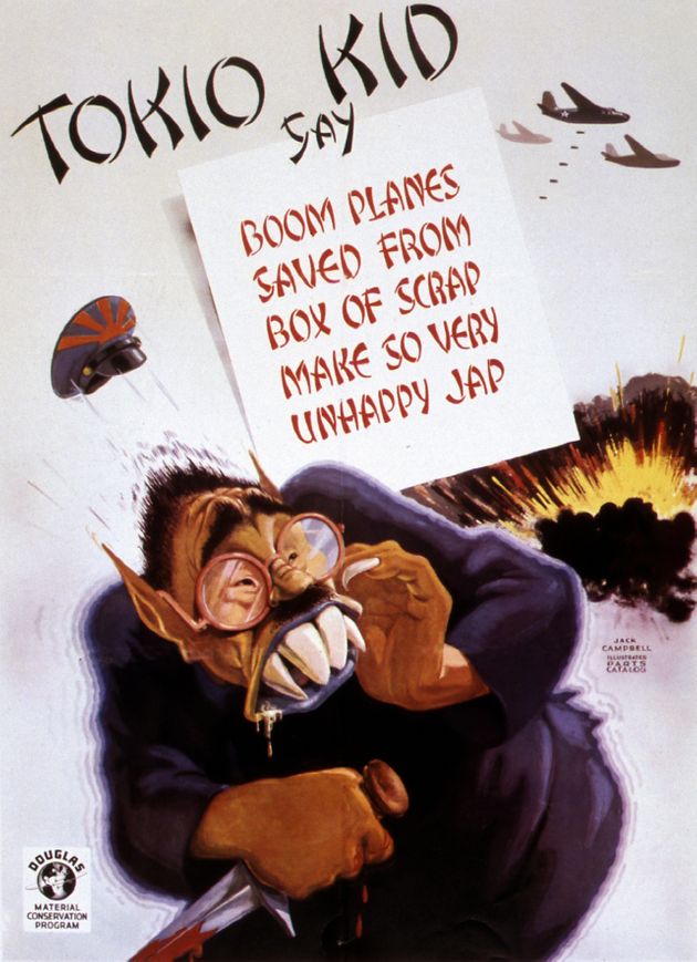 Japanese caricature labeled "Tokio Kid say" with sign "Boom planes saved from box of scrap make so very unhappy jap"