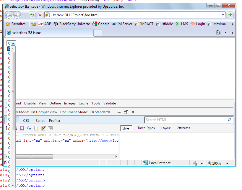screenshot of selectbox ie8 glitch