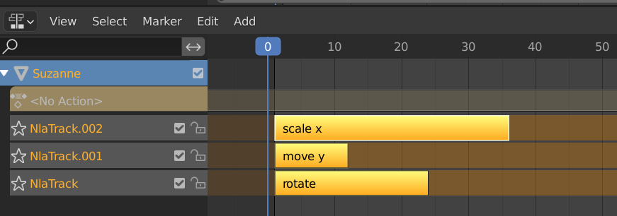 NLA Editor showing 3 tracks each with a single strip