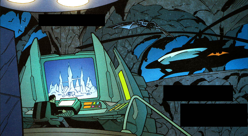 Bruce sitting at the Bat-Computer in the Bat-Cave researching the Fortress of Solitude