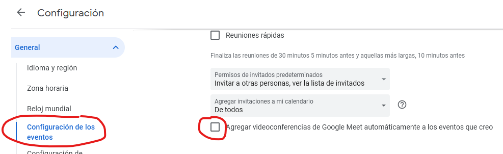 En configuraciones de Google Calendar se puede habilitar o deshabilitar la creación automática de sesiones Google Meet