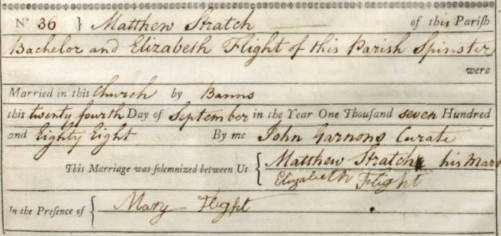 Marriage of Matthew Stratch and Elizabeth Flight, All Hallows London Wall, 24 Sep 1788