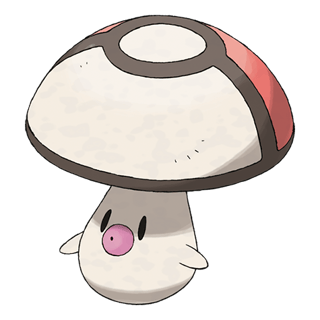 a Foongus, a Pokémon that looks like a mushroom, with a pink button nose and two black eyes on its stem, as well as appendages protruding from that stem, as well as larger circular hood; the Foongus is creamy white except for its hood that looks like a Pokéball, half white, half red