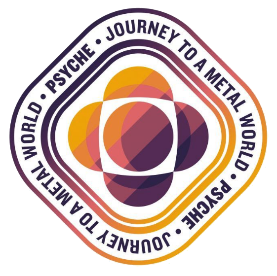 Psyche orbiter logo with tagline: "Journey to a metal world"