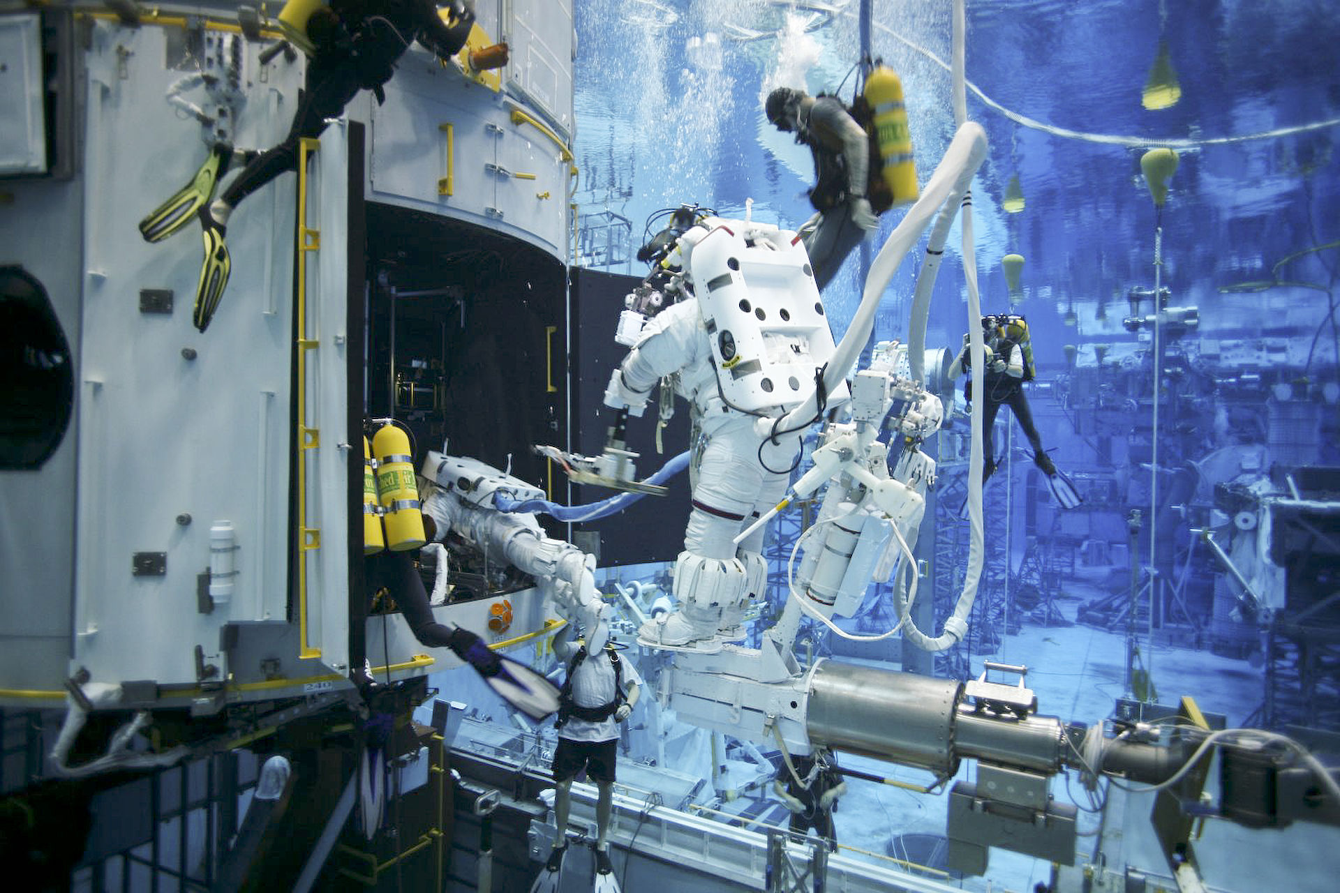 Astronauts train in the Neutral Buoyancy Facility at the Johnson Space Center in Houston, Texas