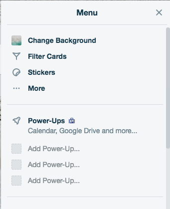 Trello Menu pane with three "Power-Ups" slots.