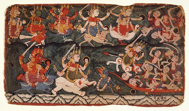 The Goddess Ambika Leading the Eight Mother Goddesses in Battle Against the Demon Raktabija, Folio from a Devimahatmya (Glory of the Goddess), early 18th century..Several Sanskrit words and phrases are inscribed across the work