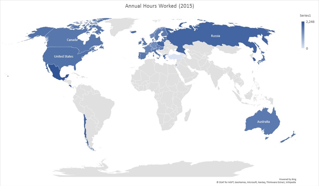 Map showing average hours worked