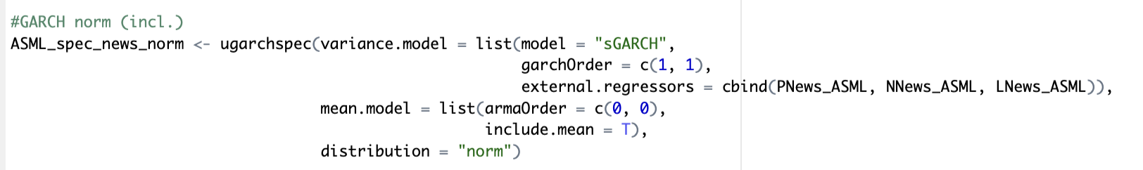 R-Code variance equation incl. exogenous variables