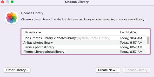 Screenshot of Photo's Library selection screen