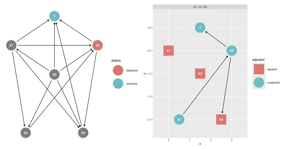 Dag for the direct effect of X5 on Y and minimal adjustment set to estimate that effect