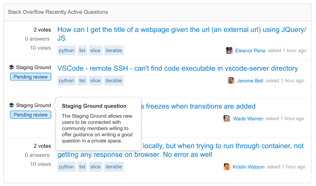 Staging Ground questions interspersed in a questions listing