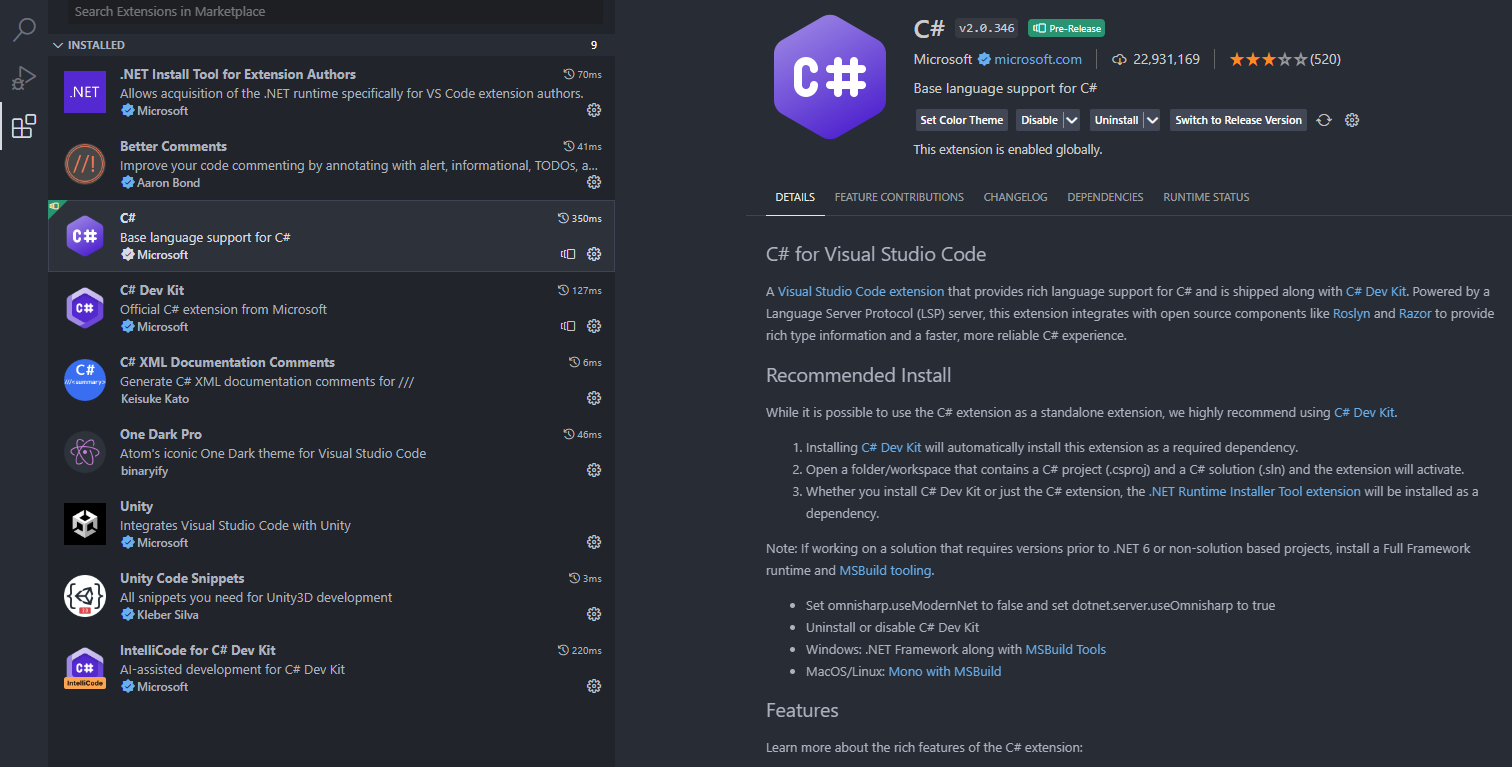 Screenshot of VSCode extensions tab