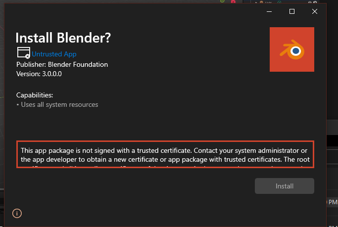 Blender Installation Error Popup Image