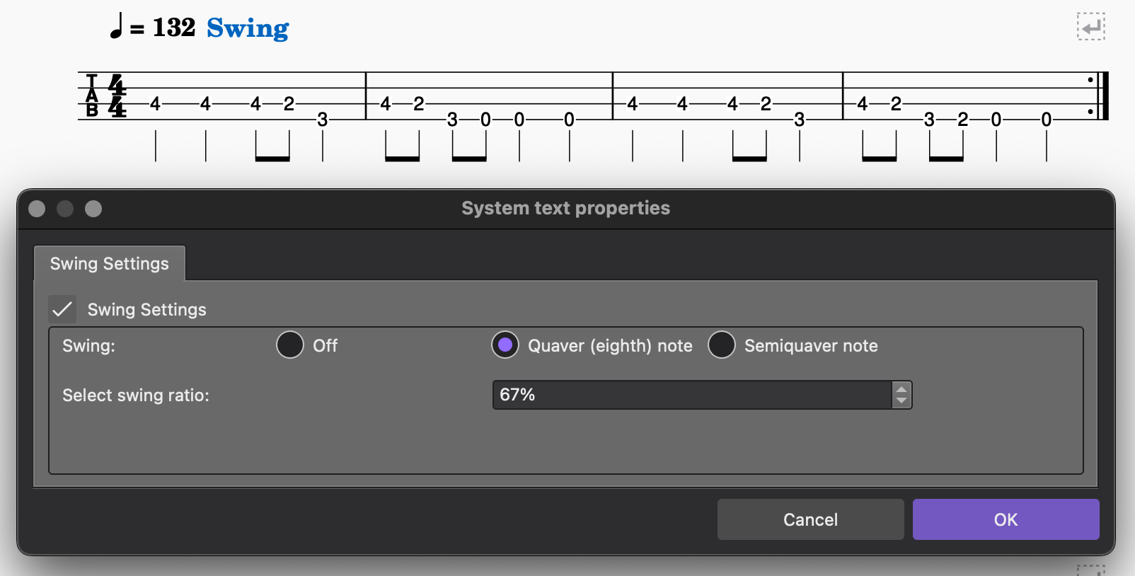 MuseScore system text properties, showing swing ratio