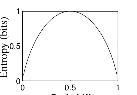 The entropy of a binary random (Bernoulli) variable is a function of its probability and maximum when its probability is 0.5 (when it has an entropy of 1 bit). Intuitively, if a measurement is always false (or always true) then we are not uncertain of its value. If instead it is true as often as not, then the uncertainty, and hence the entropy, is maximised.