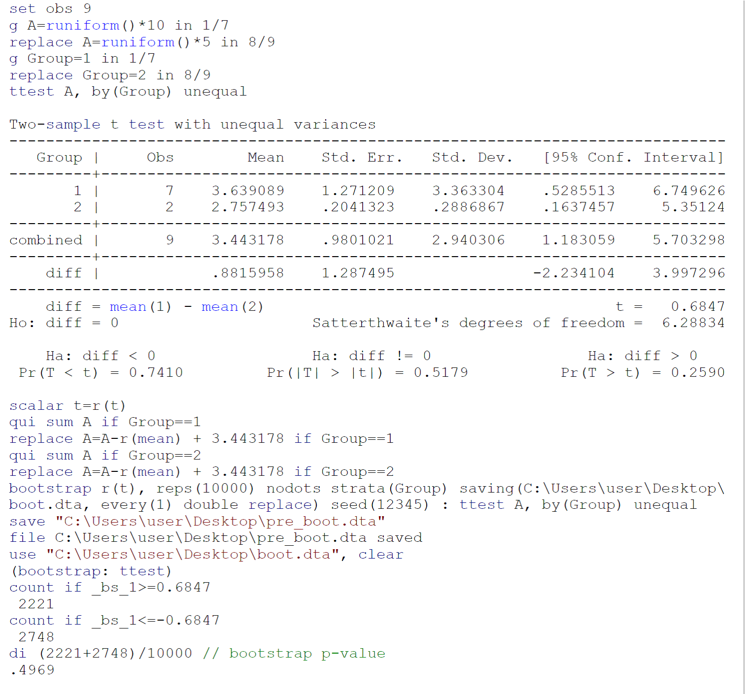 Stata 13/SE code for a bootstrap ttest