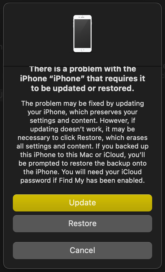 Prompt to restore iPhone