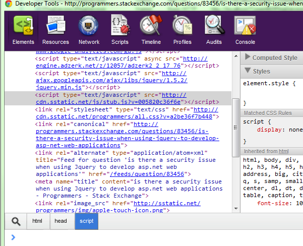 Script tags in Google Chrome Developer Tools