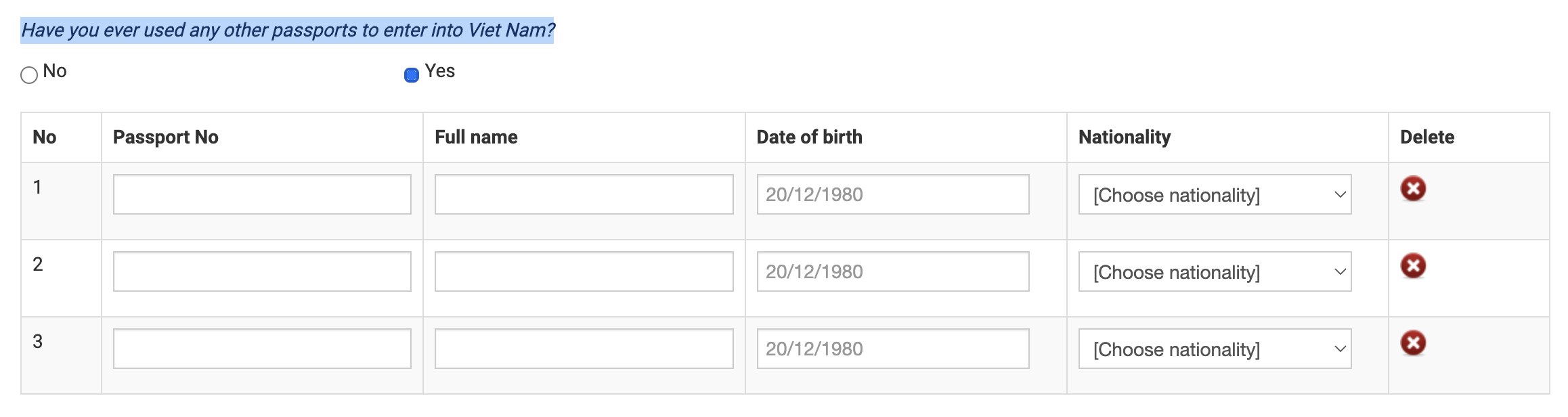 Part of the E-Visa form asking about other passports