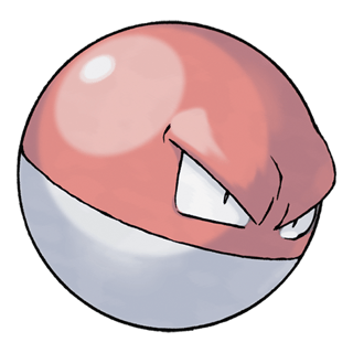 a Voltorb, a Pokémon that looks like a Pokéball (a sphere with its top half red and its bottom half white) but with eyes, although it's not perfectly round from the angle it's shown