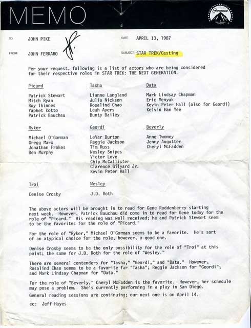 Paramount Studios interoffice memo regarding actors to fill cast roles in ST:TNG.