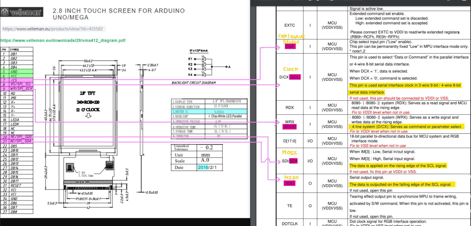 Распиновка экрана 2.4" SPI Serial Port TFT Color ILI9341 Driver 240x320 LCD Display Module ci41 LC