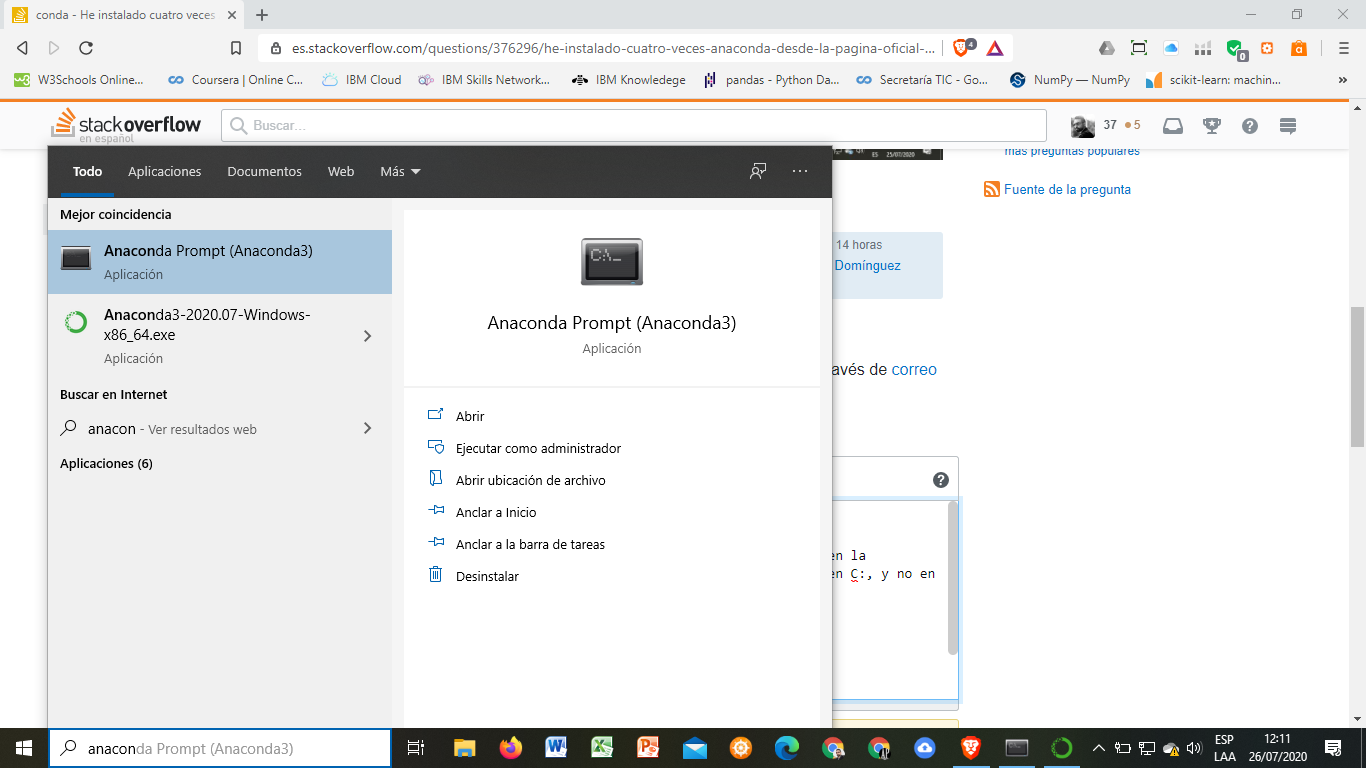 anaconda en el menu windows10