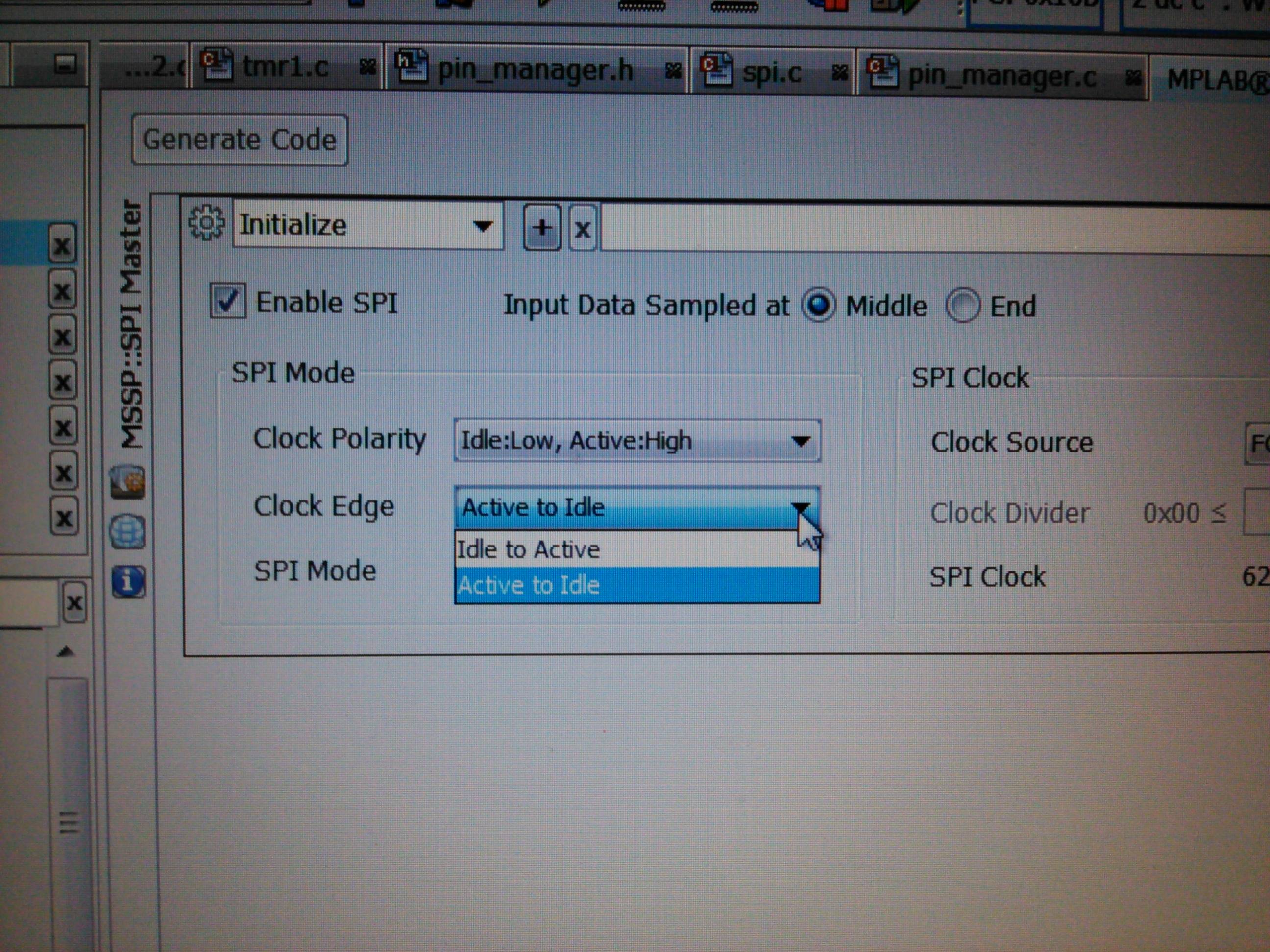 MPLABX XC8 MCC SPI Parameters.