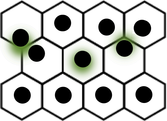 Hexagonal tesselation. The black circles are the centres of gravity of each cell - in clear, or monochrome, cells it is in the centre of the cell. In those with a green splodge, the cog is pulled towards the splodge