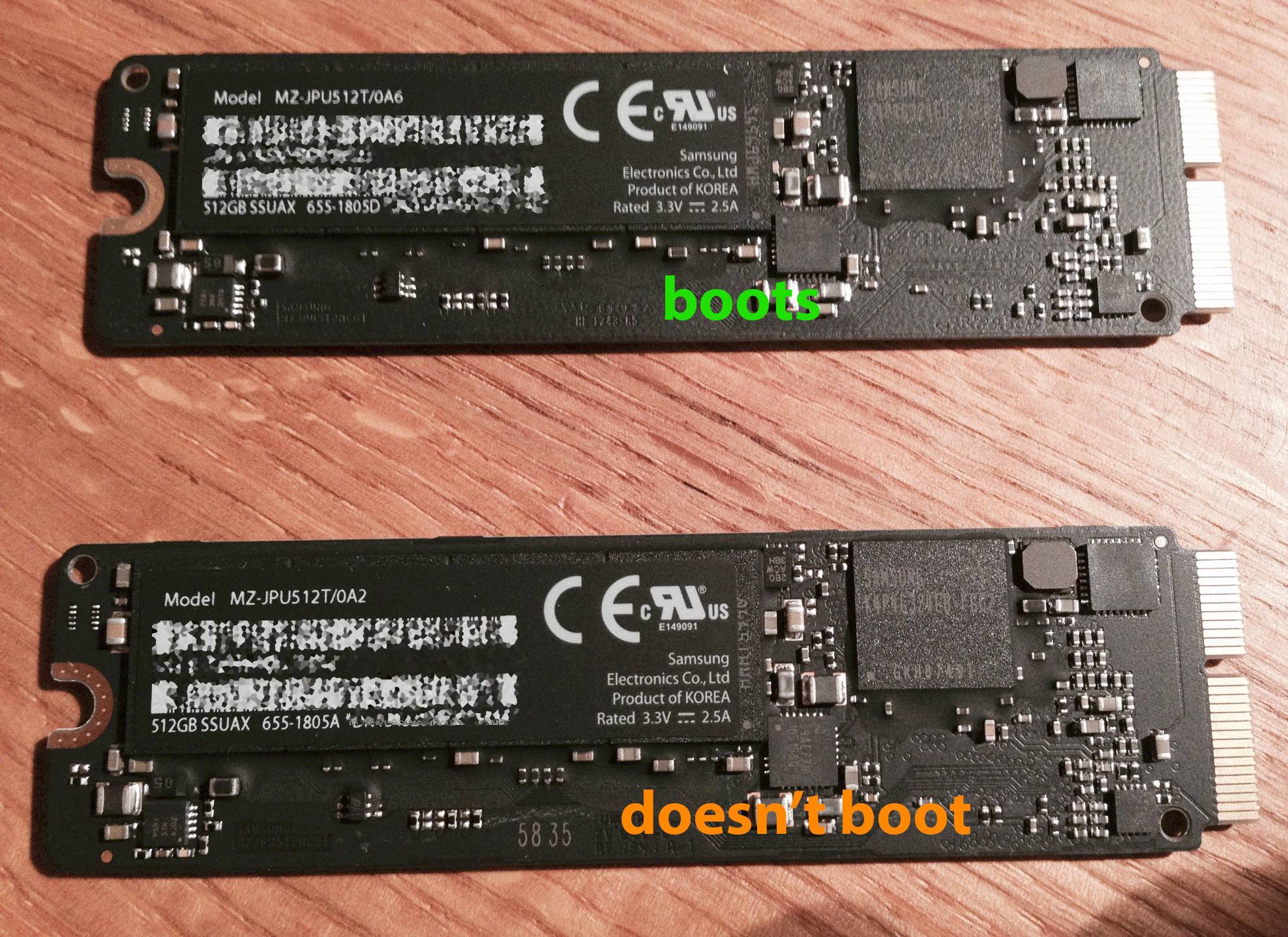 Both SSDs compared. Note the minor differences at the end of Model ID and Part Number.