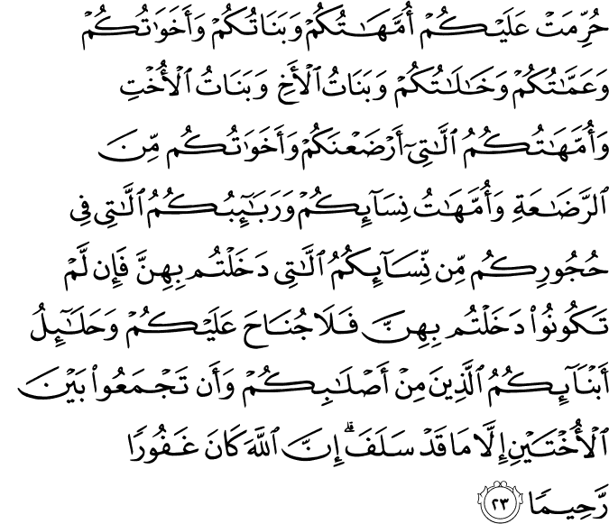 حُرِّمَتْ عَلَيْكُمْ أُمَّهَاتُكُمْ وَبَنَاتُكُمْ وَأَخَوَاتُكُمْ وَعَمَّاتُكُمْ وَخَالَاتُكُمْ وَبَنَاتُ الْأَخِ وَبَنَاتُ الْأُخْتِ وَأُمَّهَاتُكُمُ اللَّاتِي أَرْضَعْنَكُمْ وَأَخَوَاتُكُم مِّنَ الرَّضَاعَةِ وَأُمَّهَاتُ نِسَائِكُمْ وَرَبَائِبُكُمُ اللَّاتِي فِي حُجُورِكُم مِّن نِّسَائِكُمُ اللَّاتِي دَخَلْتُم بِهِنَّ فَإِن لَّمْ تَكُونُوا دَخَلْتُم بِهِنَّ فَلَا جُنَاحَ عَلَيْكُمْ وَحَلَائِلُ أَبْنَائِكُمُ الَّذِينَ مِنْ أَصْلَابِكُمْ وَأَن تَجْمَعُوا بَيْنَ الْأُخْتَيْنِ إِلَّا مَا قَدْ سَلَفَ ۗ إِنَّ اللَّهَ كَانَ غَفُورًا رَّحِيمًا