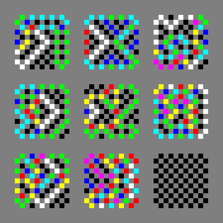 A 3x3 grid of 11x11 checkerboards of pixel images filled with random-looking colors