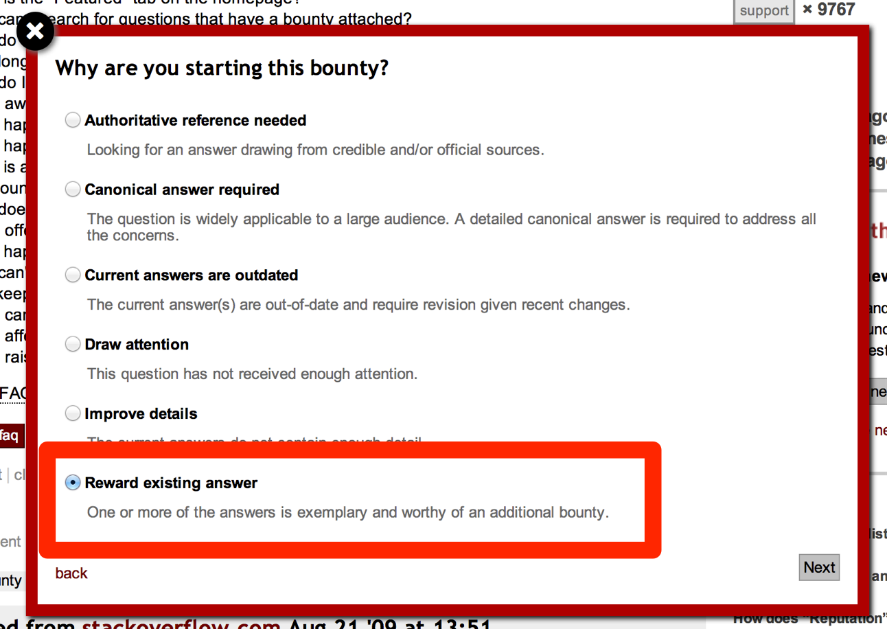 Bounty dialog with reward existing answer highlighted