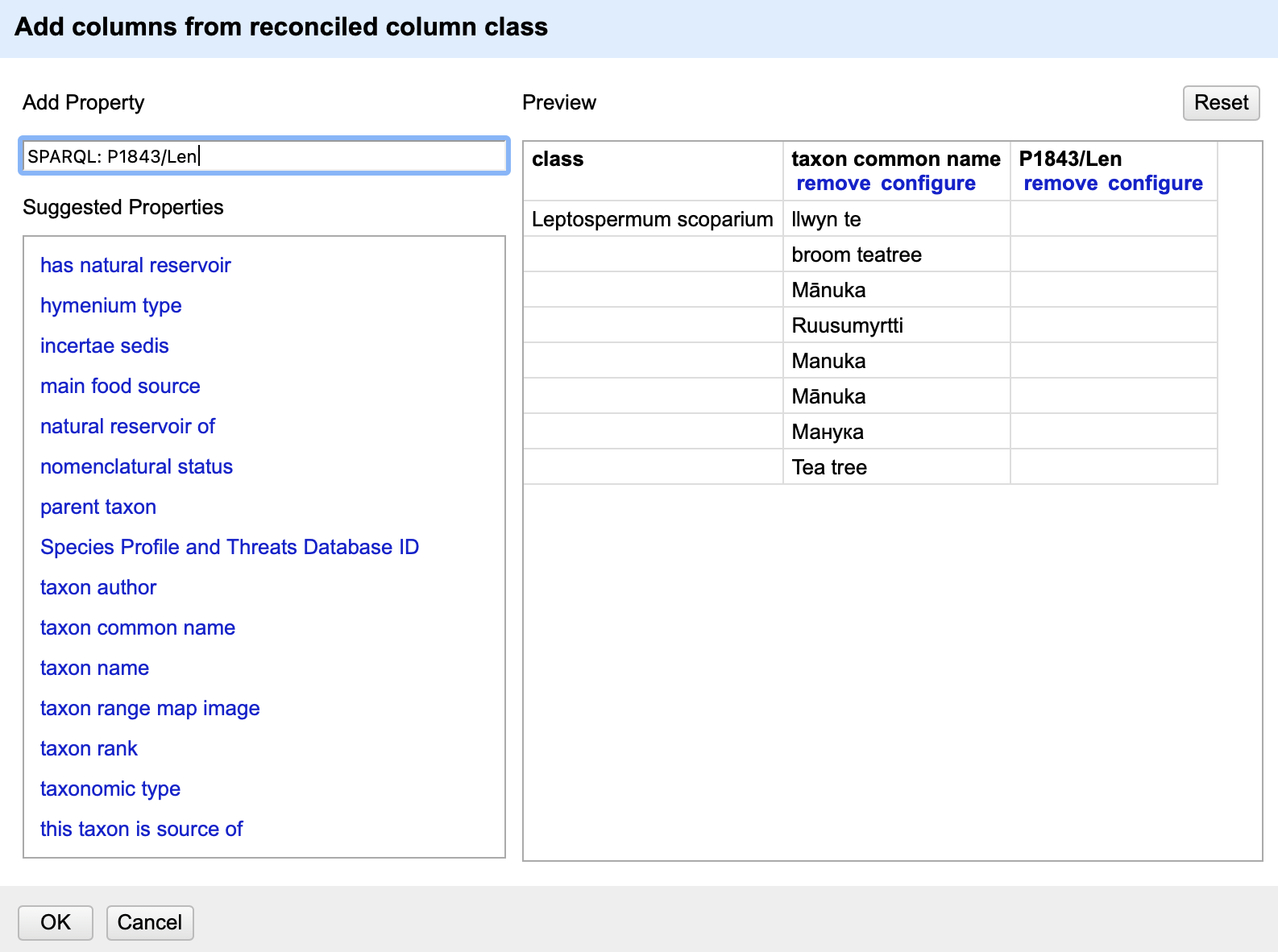 OpenRefine reconcile data modal