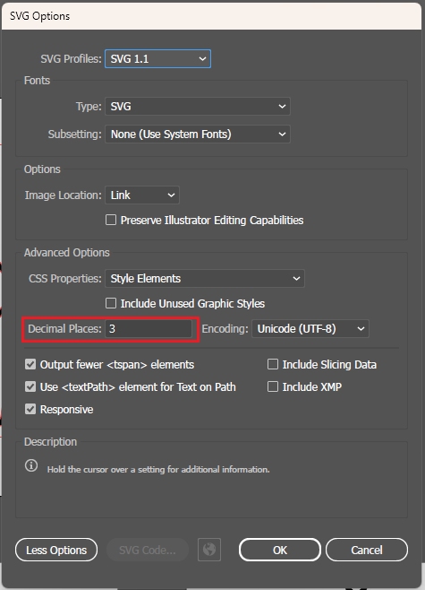 Adobe Illustrator SVG save options dialog box with advanced options expanded and decimal places set to 3 and highlighted.