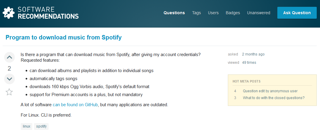 Screenshot of the question 'Program to download music from Spotify'