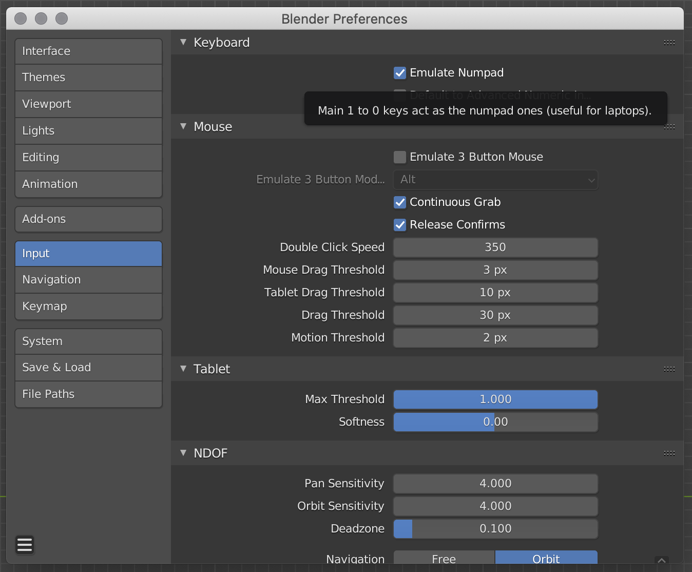 preferences window with the input tab and emulate numpad checkbox