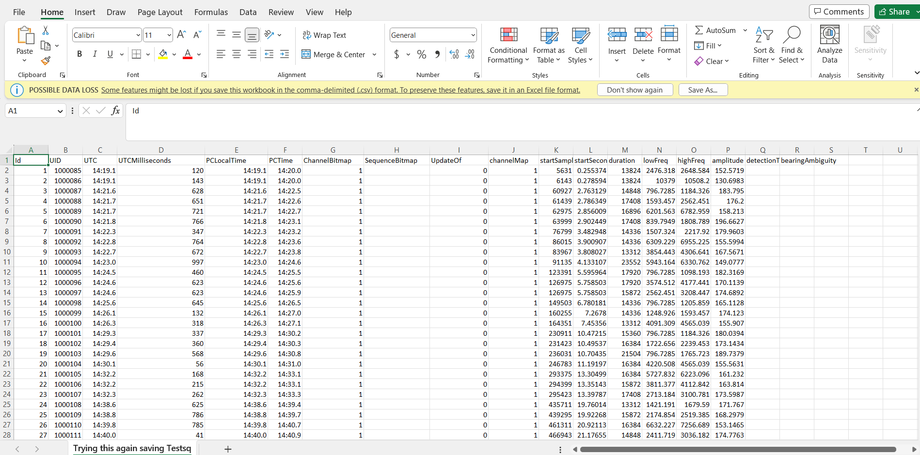 Screenshot of Microsoft Excel page showing a large chart of detections data originally from PAMGuard's Whistle and Moan Detector