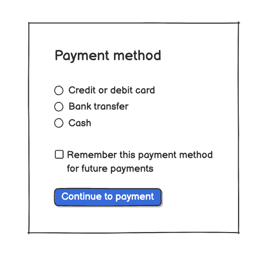 Form showing various payment options and a checkbox to remember the selected method for future payments