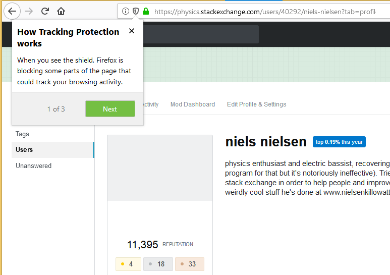 screenshot showing tracking protection enabled in Firefox along with niels nielsen's profile (and blocked image)